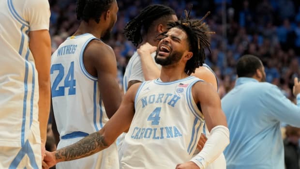 North Carolina star guard RJ Davis celebrates during a game last month.